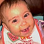 baby, smiling, bib, watermelon, face, child, happy, infant, person, cute, tattoo, arm, skin, mouth, teeth, eyes, clothing, closeup, cheeks, expression
