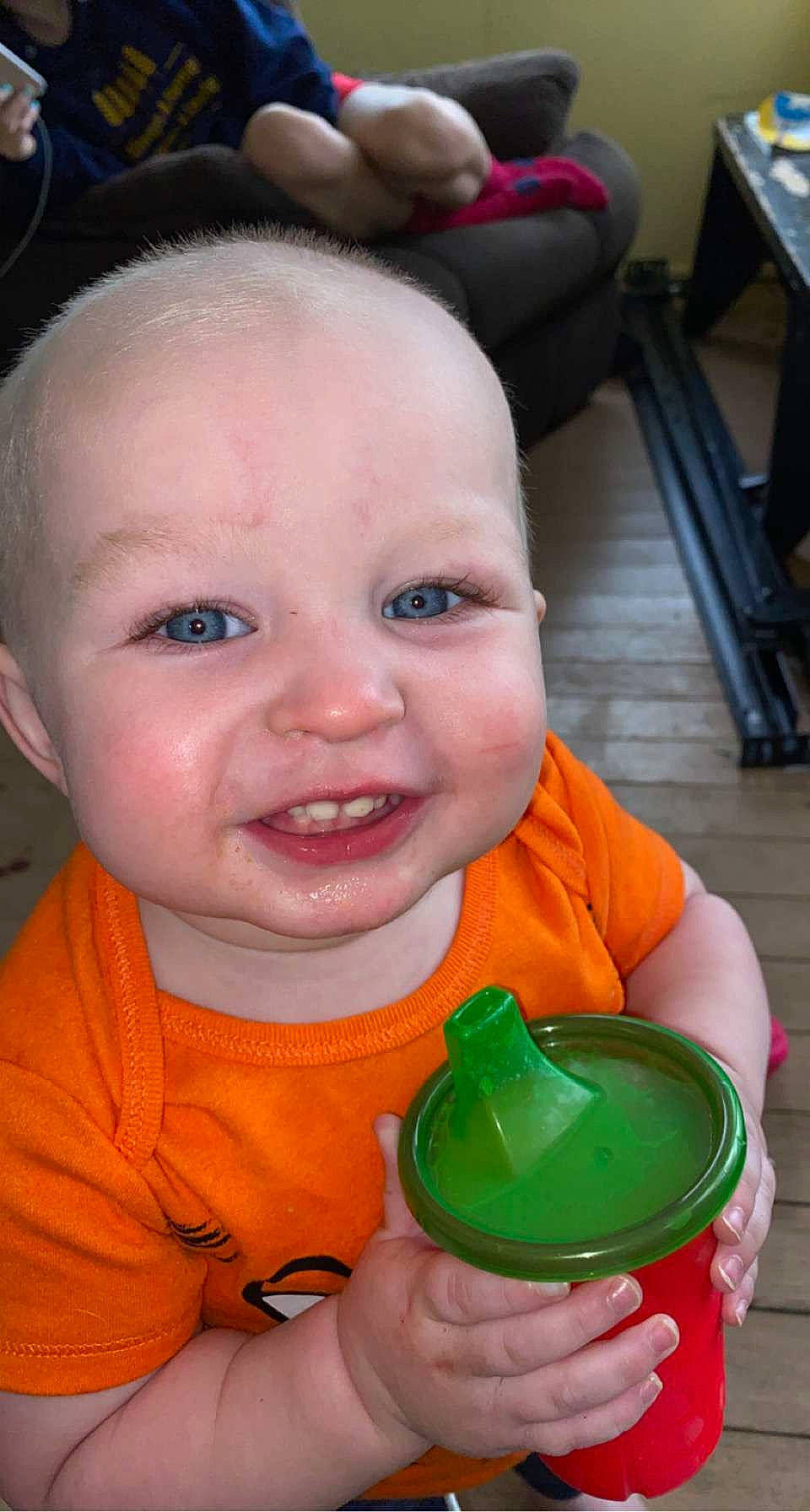 Kolby joined the competition — help win amazing prizes! baby, baby_playing_with_toys, baby_toddler_clothing, cheek, drinkware, eye, eyebrow, finger, fun, green, hairstyle, happy, iris, lip, mouth, nose, person, product, skin, smile