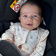 Naila participe au concours pour gagner de l'argent avec cette photo : baby, car_seat, cherry, child, clothing, cute, eyes, fabric, face, hand, indoors, infant, pattern, portrait, safety, seat, seatbelt, sleeve, smile, warning_label