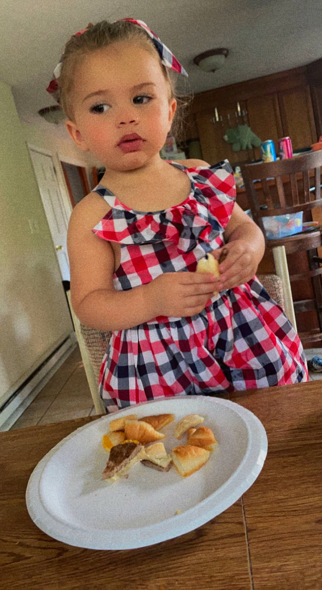 Ellee joined the competition — help win amazing prizes! baked_goods, baking, chair, child, comfort_food, cooking, cuisine, dish, finger_food, food, food_craving, ingredient, junk_food, person, plaid, plate, recipe, serveware, table, tableware