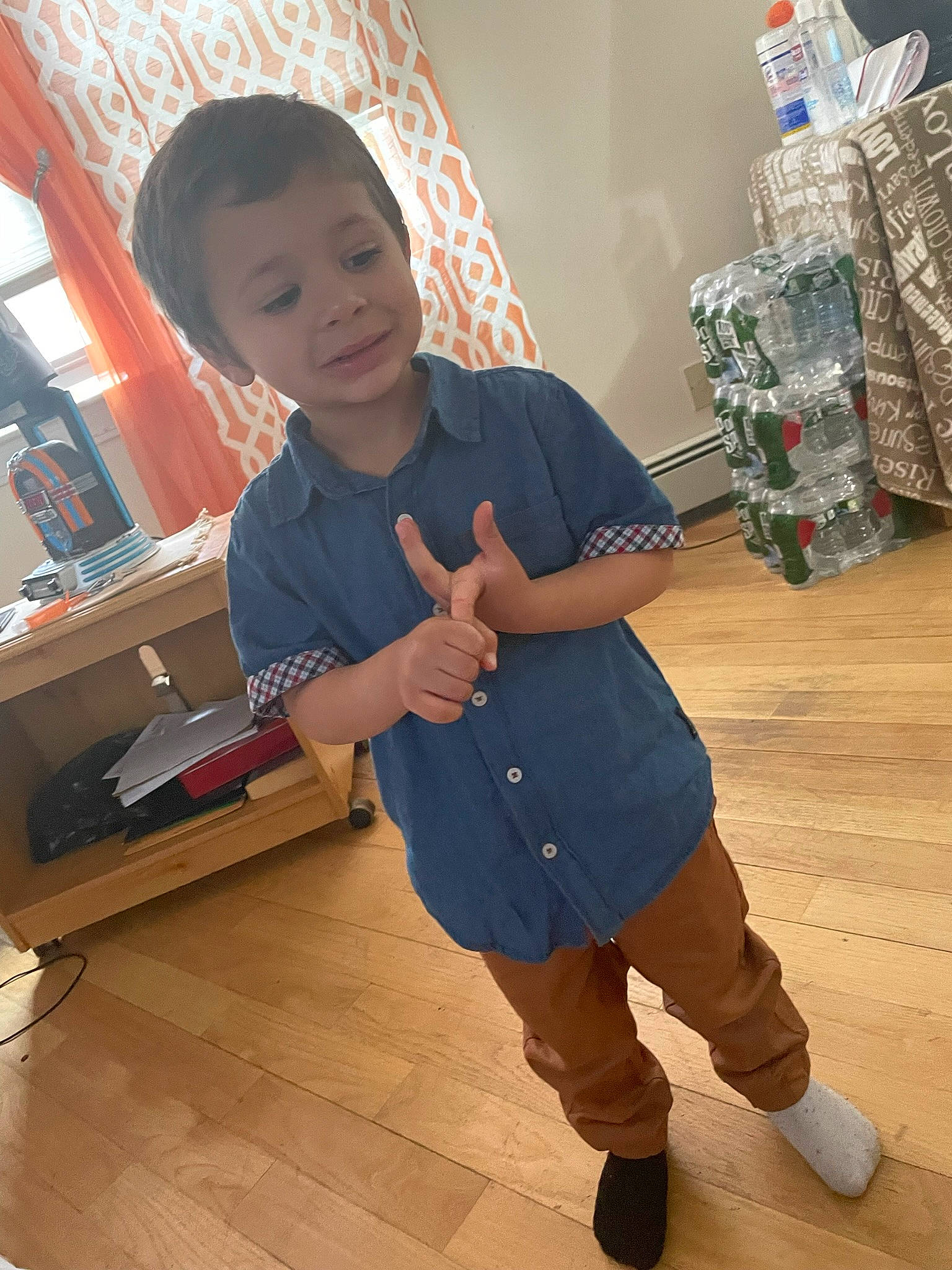 Kyree joined the competition — help win amazing prizes! baby_toddler_clothing, child, electric_blue, floor, flooring, fun, happy, hardwood, human_leg, joint, pattern, person, shoe, sleeve, sneakers, standing, t_shirt, thumb, toddler, waist