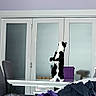 Tickle joined the competition — help win amazing prizes! cat, black_and_white, standing, table, chair, fan, blanket, indoor, living_room, furniture, modern, chandelier, door, glass, curtain, home, cozy, pet, curious, looking_up