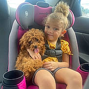 Ruby Sticker is registered to the contest to win money with this photo: child, toddler, car_seat, harness, dog, puppy, curly_fur, toy_poodle, car_interior, cup_holder, window, seat_belt, pink, gray, yellow_dress, smile, portrait, backseat, travel, adorable