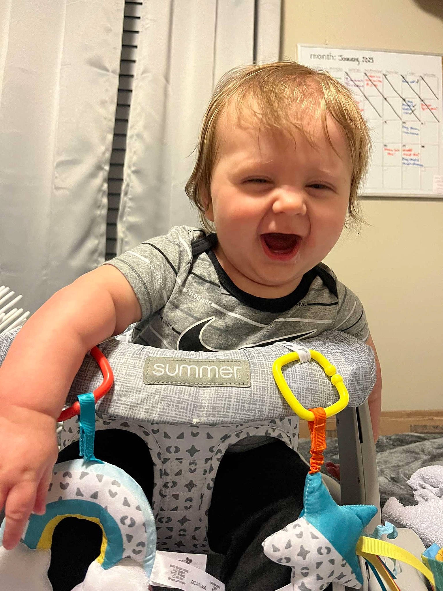 Braylon joined the competition — help win amazing prizes! baby, baby_products, baby_toddler_clothing, cheek, child, facial_expression, fun, happy, linens, mouth, pattern, person, play, room, sitting, skin, sleeve, smile, t_shirt, toddler