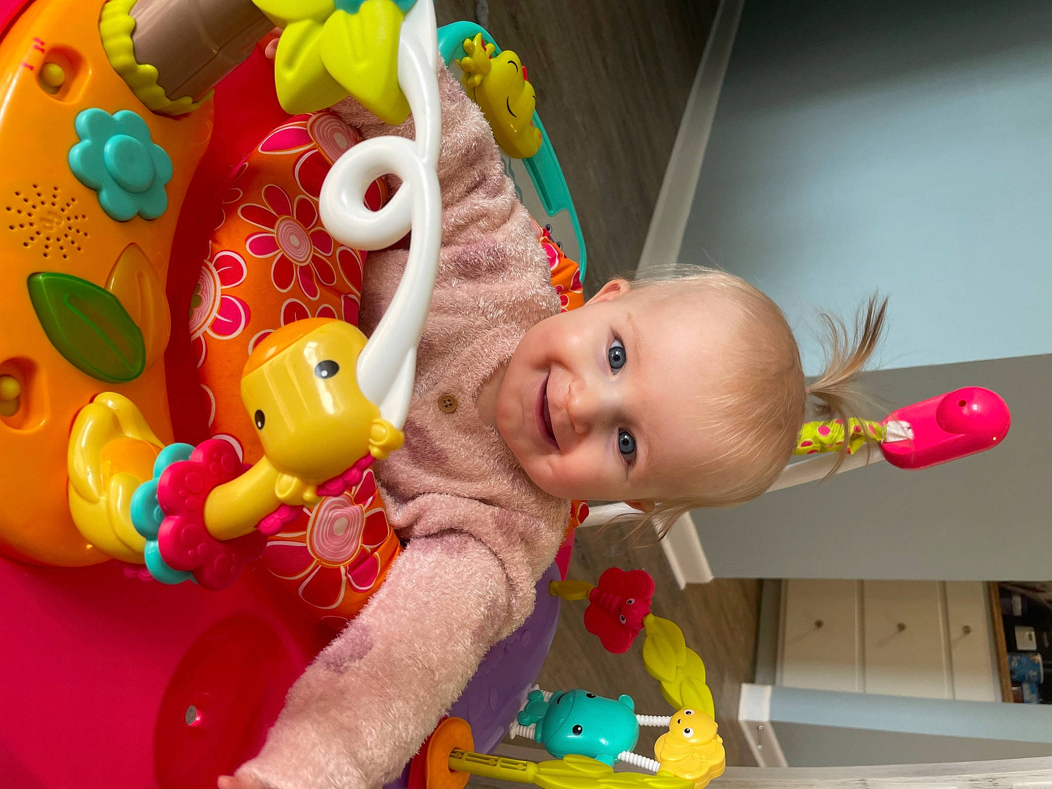 Briella is registered to the contest to win money with this photo: baby, baby_playing_with_toys, baby_products, baby_toys, cheek, child, fun, happy, joy, party_supply, person, pink, plastic, play, plush, room, smile, stuffed_toy, textile, toddler