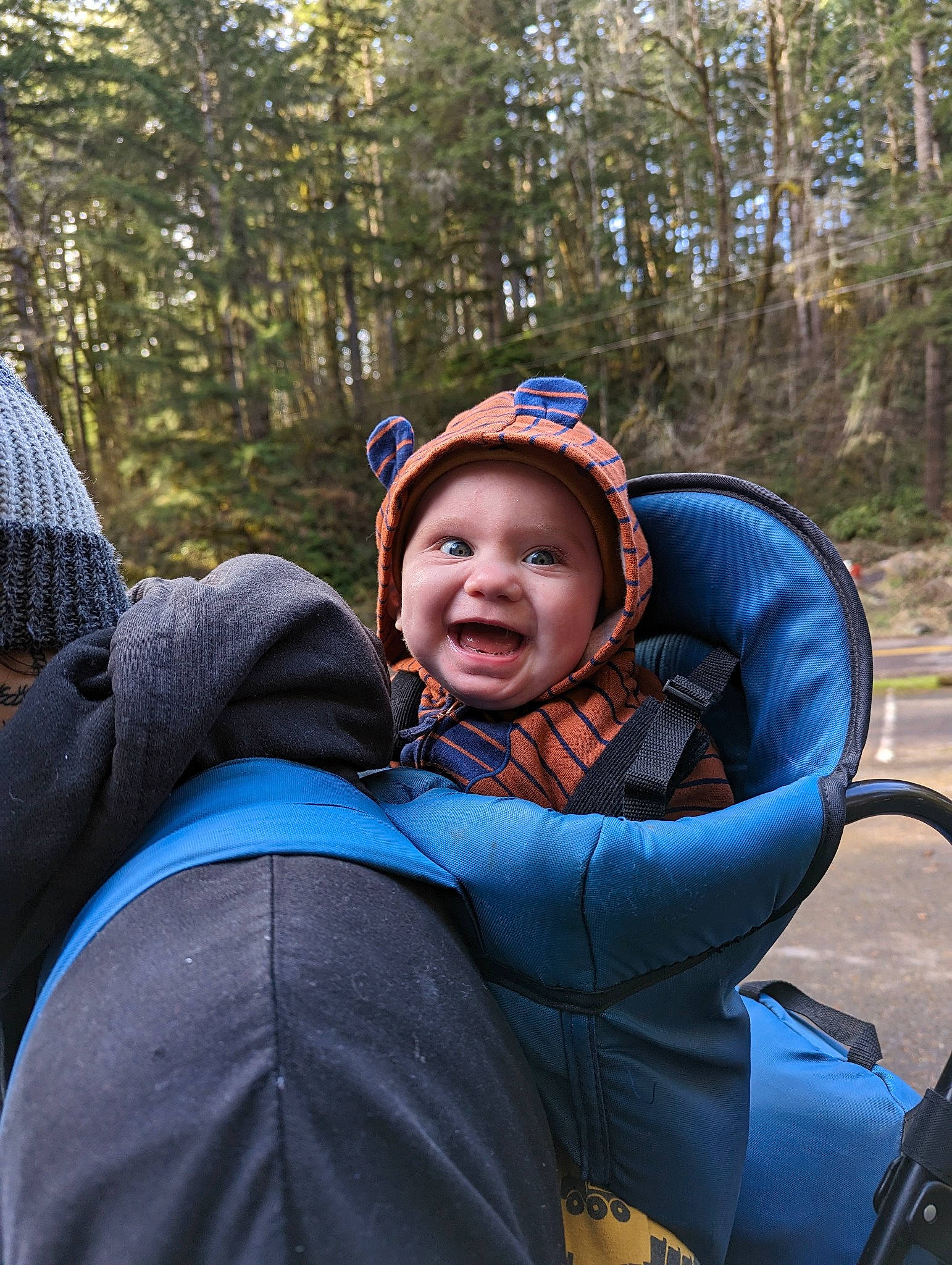 Westley is registered to the contest to win money with this photo: adventure, child, electric_blue, forest, freezing, fun, grass, happy, headwear, leisure, people_in_nature, person, personal_protective_equipment, plant, recreation, sitting, smile, toddler, travel, tree