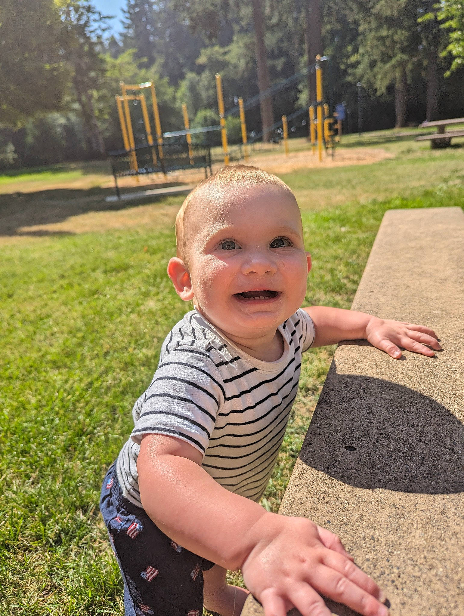 Westley joined the competition — help win amazing prizes! baby, baby_toddler_clothing, child, eye, finger, fun, gesture, grass, happy, leisure, people_in_nature, person, plant, recreation, skin, smile, summer, t_shirt, thumb, toddler