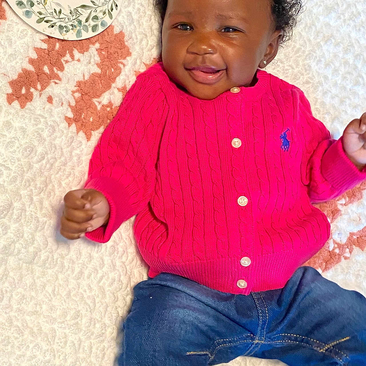Jherzie joined the competition — help win amazing prizes! baby, babylaughing, bodypart, clothing, face, finger, footwear, happy, head, jeans, knitwear, pants, person, photography, plate, portrait, shoe, sitting, smile, sweater