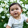 Darian is registered to the contest to win money with this photo: baby, background, child, cute, daylight, face, flower, grass, greenery, hand, happy, infant, nature, outdoor, portrait, sitting, skin, smiling, white_shirt, young_child
