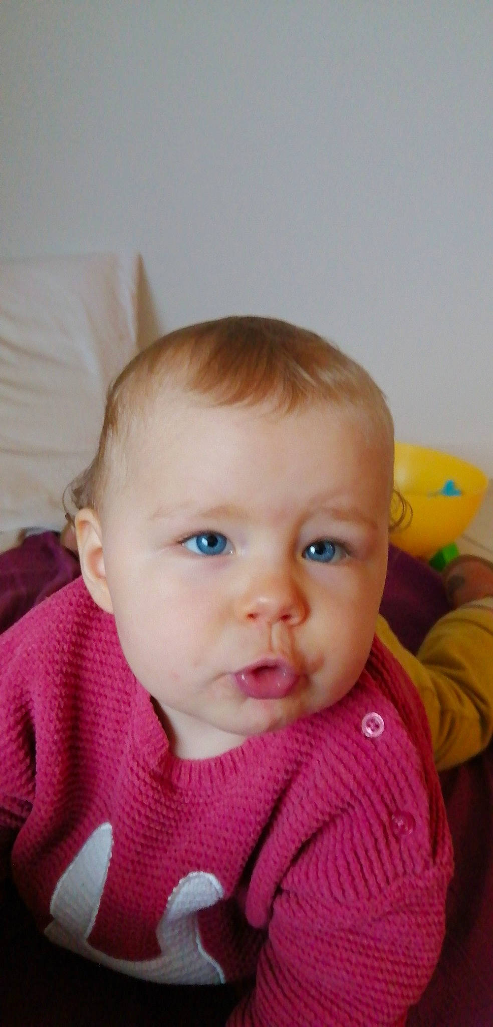 Olivia a rejoint le concours — aidez-le/la à gagner de superbes lots ! baby, brown_hair, cheek, child, chin, close_up, ear, eye, eyebrow, face, forehead, head, iris, lip, mouth, nose, person, pink, skin, smile