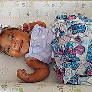 Willow joined the competition — help win amazing prizes! baby, smiling, infant, headband, butterfly_pattern, skirt, clothing, lying_down, baby_mat, measurement_marks, fists, cute, happy, child, portrait, indoor, skin, face, person, newborn