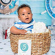 Shown participe au concours pour gagner de l'argent avec cette photo : baby, basket, blanket, blue, child, clock, curly_hair, cute, decor, face, indoor, infant, nautical_theme, portrait, sitting, soft_texture, star_pattern, striped_clothing, white, wooden_background