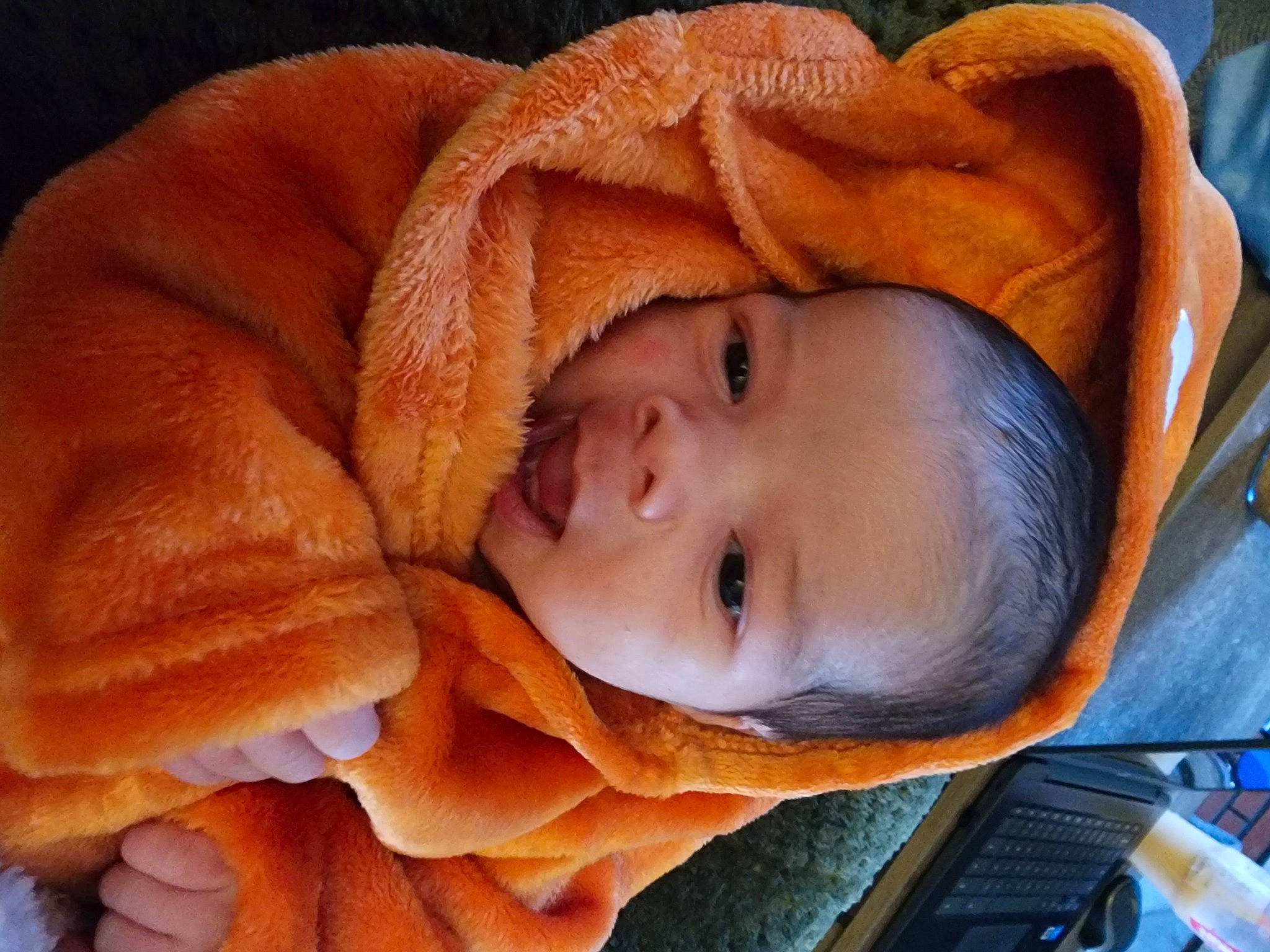 Elijah joined the competition — help win amazing prizes! baby, baby_products, baby_toddler_clothing, cheek, child, close_up, comfort, eye, eyelash, face, head, human_body, nose, orange, person, petal, skin, smile, toddler, tree