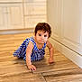 Raea joined the competition — help win amazing prizes! toddler, child, crawling, blue_dress, checkered_pattern, wooden_floor, kitchen, indoor, young_child, cute, person, baby, flooring, cabinets, real_photo, focused, curious, small_hands, short_hair, light_skin