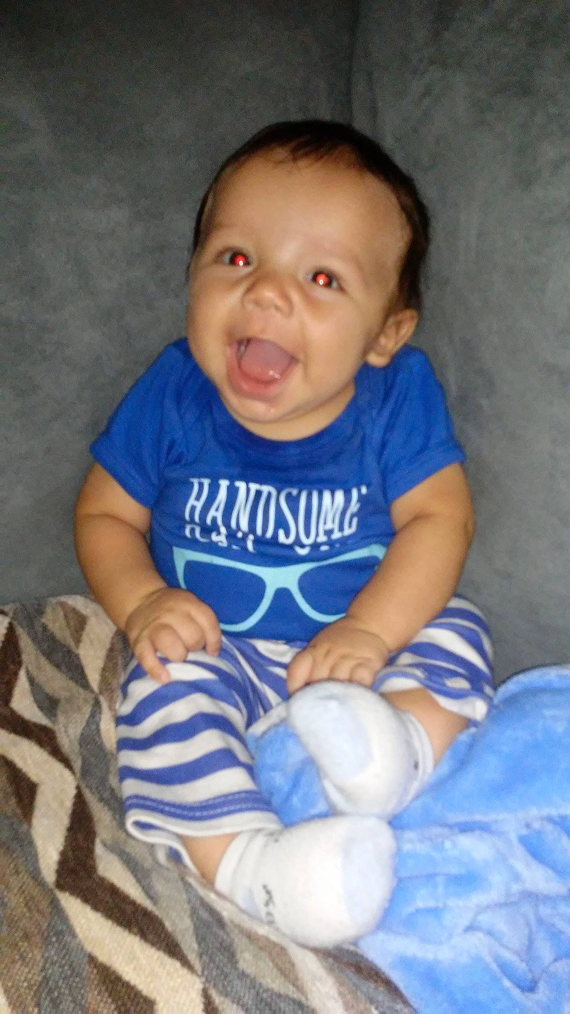 Javin joined the competition — help win amazing prizes! baby, baby_toddler_clothing, blue, child, person, sitting, smile, toddler