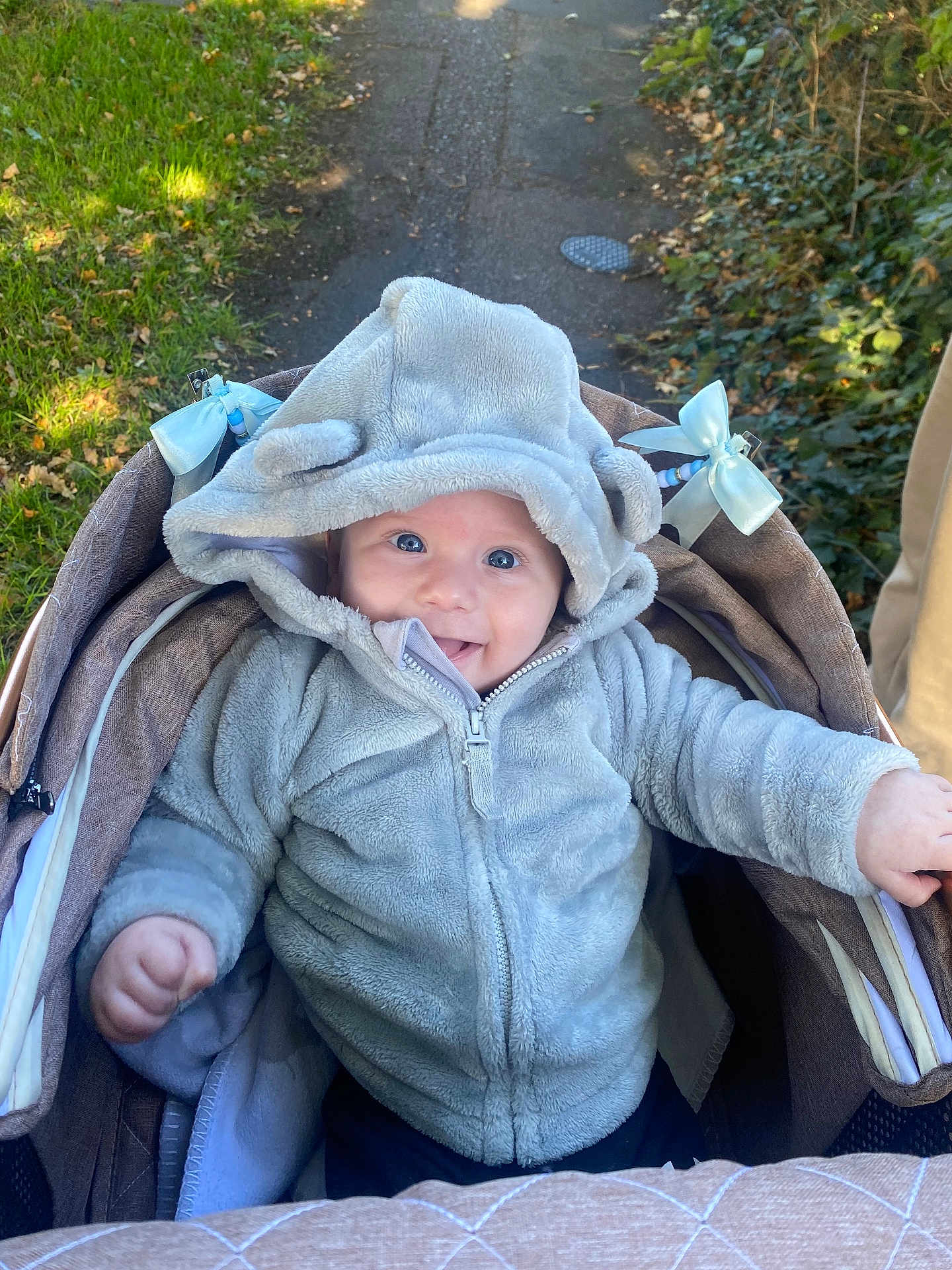 Blu-Lewis is registered to the contest to win money with this photo: baby, infant, hoodie, stroller, outdoor, happy, smile, face, clothing, cute, child, nature, greenery, path, babywear, cold_weather, joyful, cute_expression, person, infant_clothing