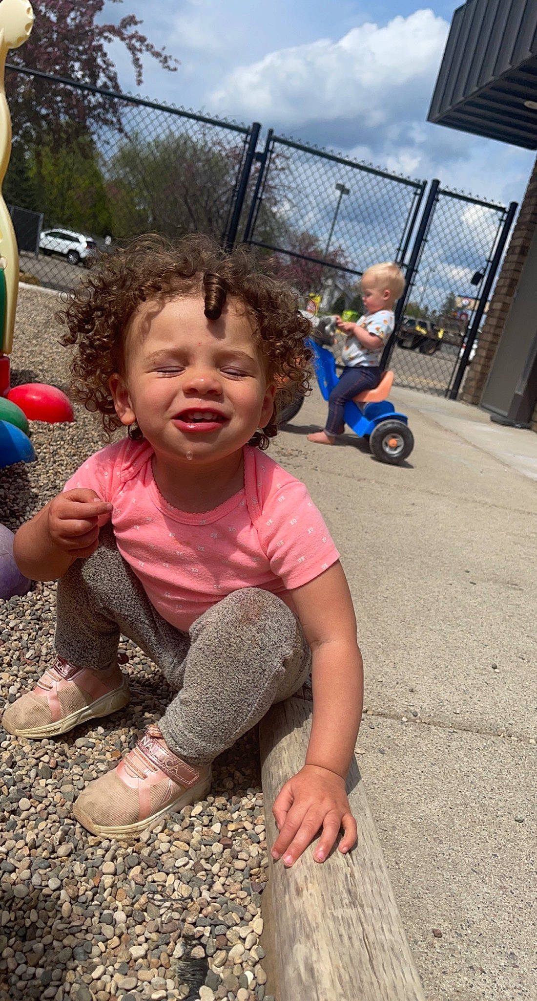 Kamiya joined the competition — help win amazing prizes! baby, barefoot, blurred, child, cloud, fence, fun, grass, happy, leisure, person, public_space, recreation, shoe, shorts, sky, sneakers, t_shirt, tire, toddler