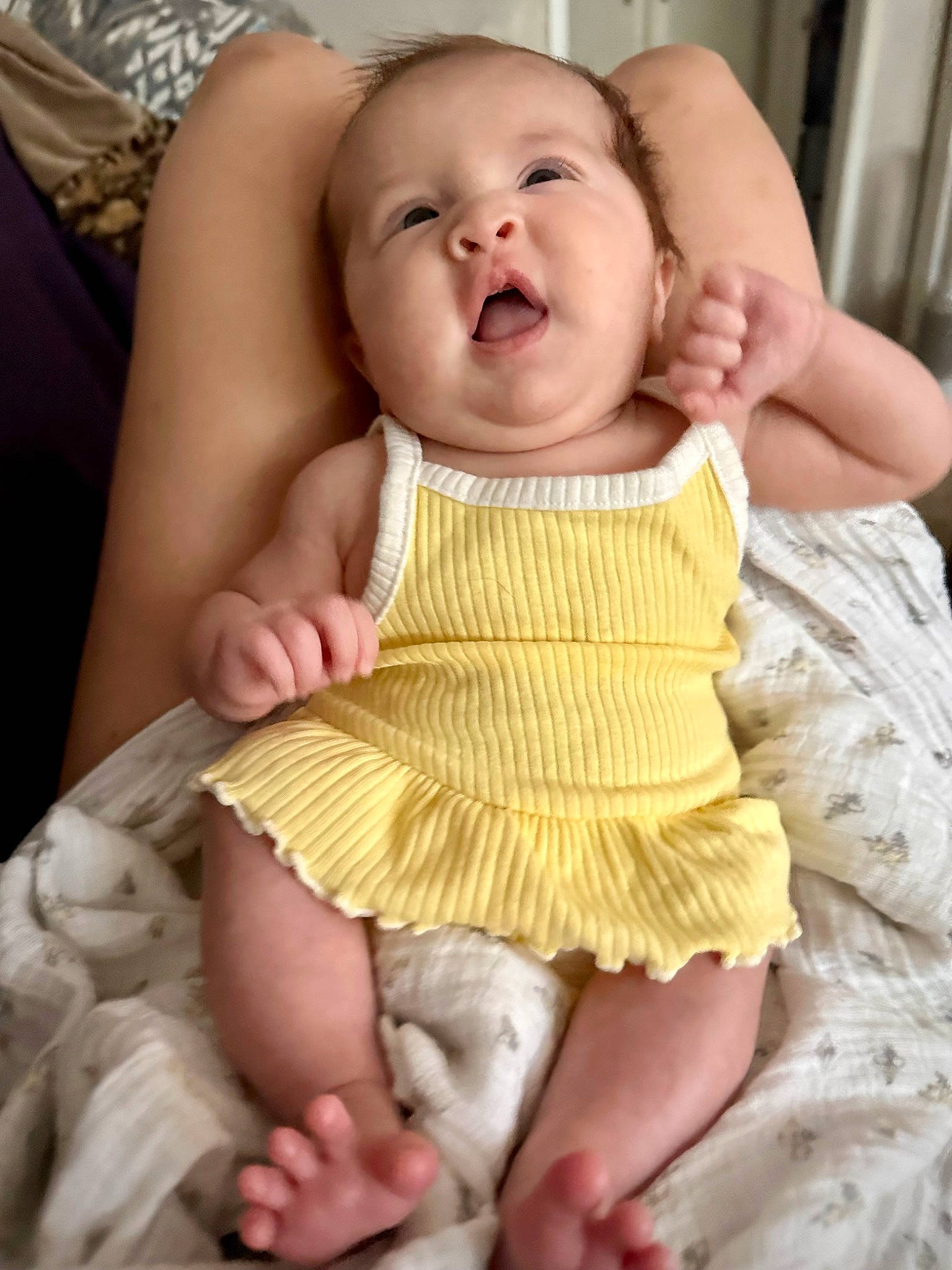 Luna joined the competition — help win amazing prizes! abdomen, baby, baby_safety, baby_sleeping, baby_toddler_clothing, cheek, comfort, eye, facial_expression, finger, human_body, iris, mouth, pattern, person, photograph, skin, sleeve, stomach, thumb