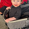 Hector is registered to the contest to win money with this photo: toddler, child, baby, stroller, portrait, smiling, blue_eyes, messy_face, outdoor, seated, black_clothing, red_blanket, picnic_area, playground, pavement, wheel, hair, happy, close_up, family_outing