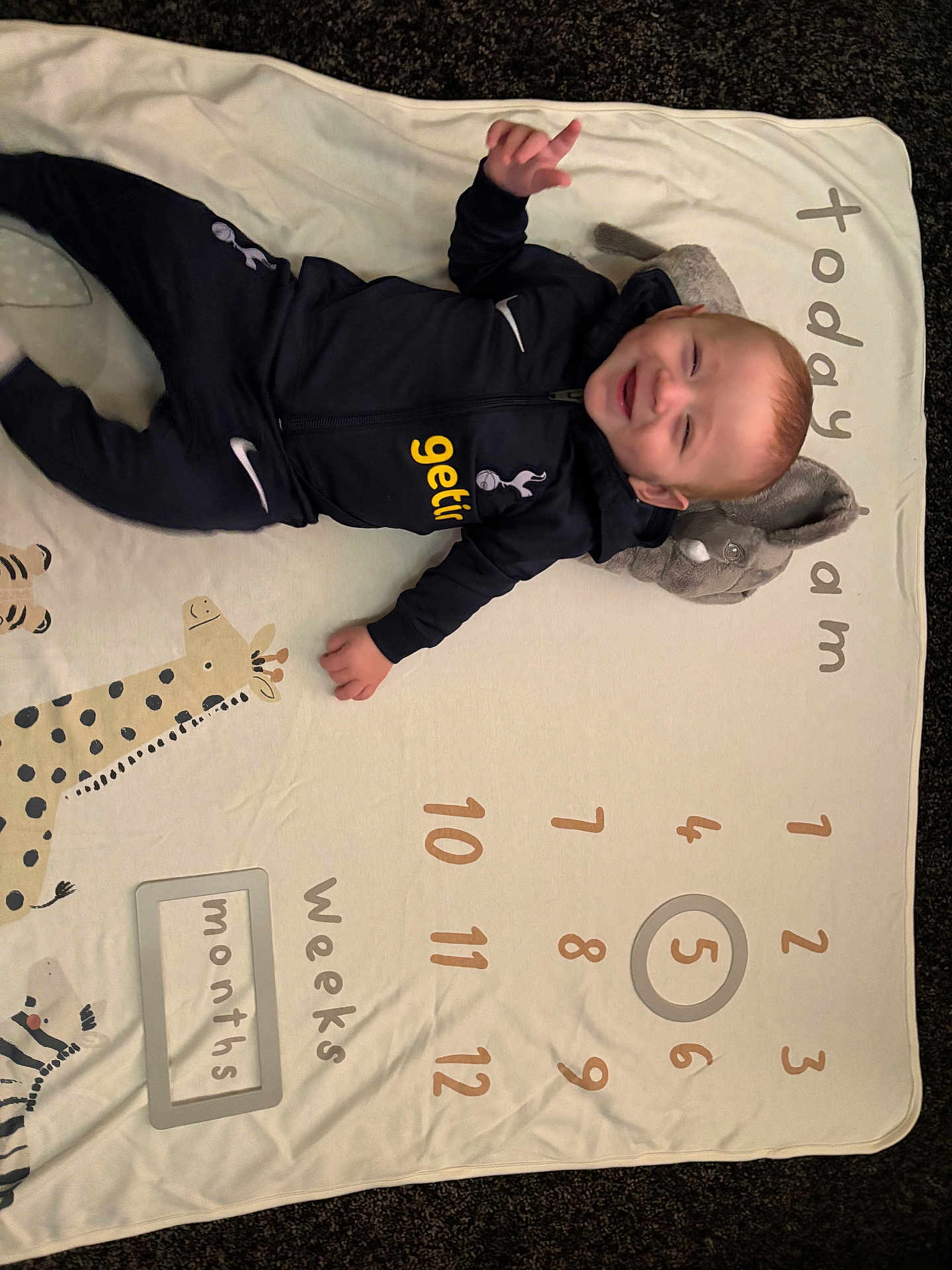 Jaxson is registered to the contest to win money with this photo: baby, infant, smiling, tracksuit, blanket, milestone_blanket, animal_prints, giraffe, elephant_pillow, numbers, months, weeks, circle, floor, carpet, child, portrait, cute, indoors, happy