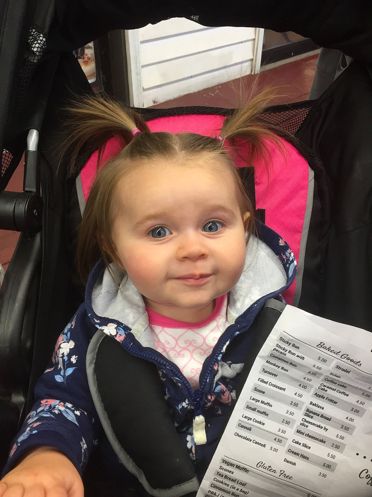 Aurora joined the competition — help win amazing prizes! baby, car_seat, cheek, child, ear, eye, face, head, iris, person, pink, reading, skin, smile, toddler, vacation