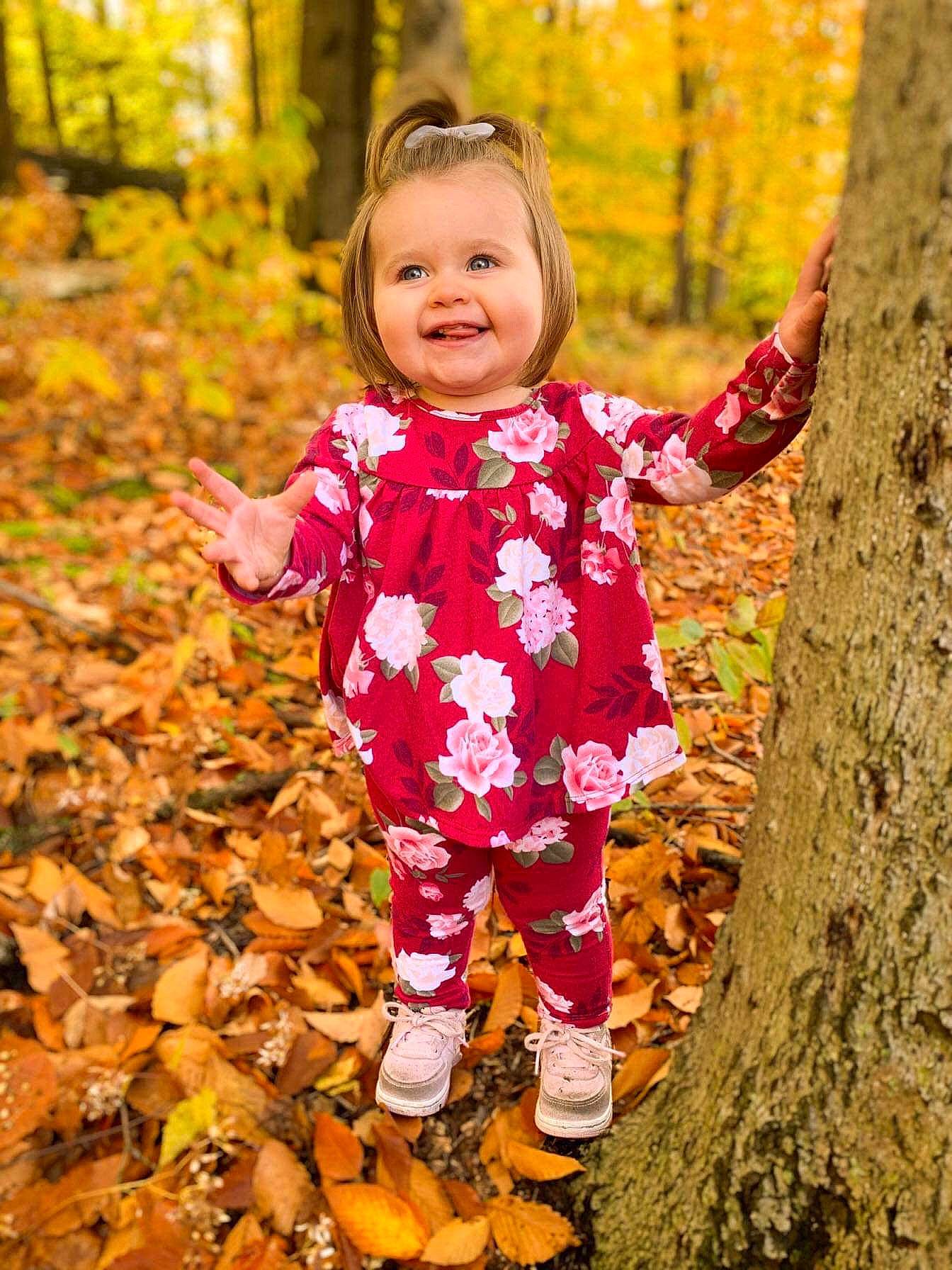Aurora joined the competition — help win amazing prizes! autumn, baby, child, child_model, deciduous, fun, happy, joy, leaf, people, people_in_nature, person, photography, pink, plant, portrait_photography, red, smile, toddler, tree