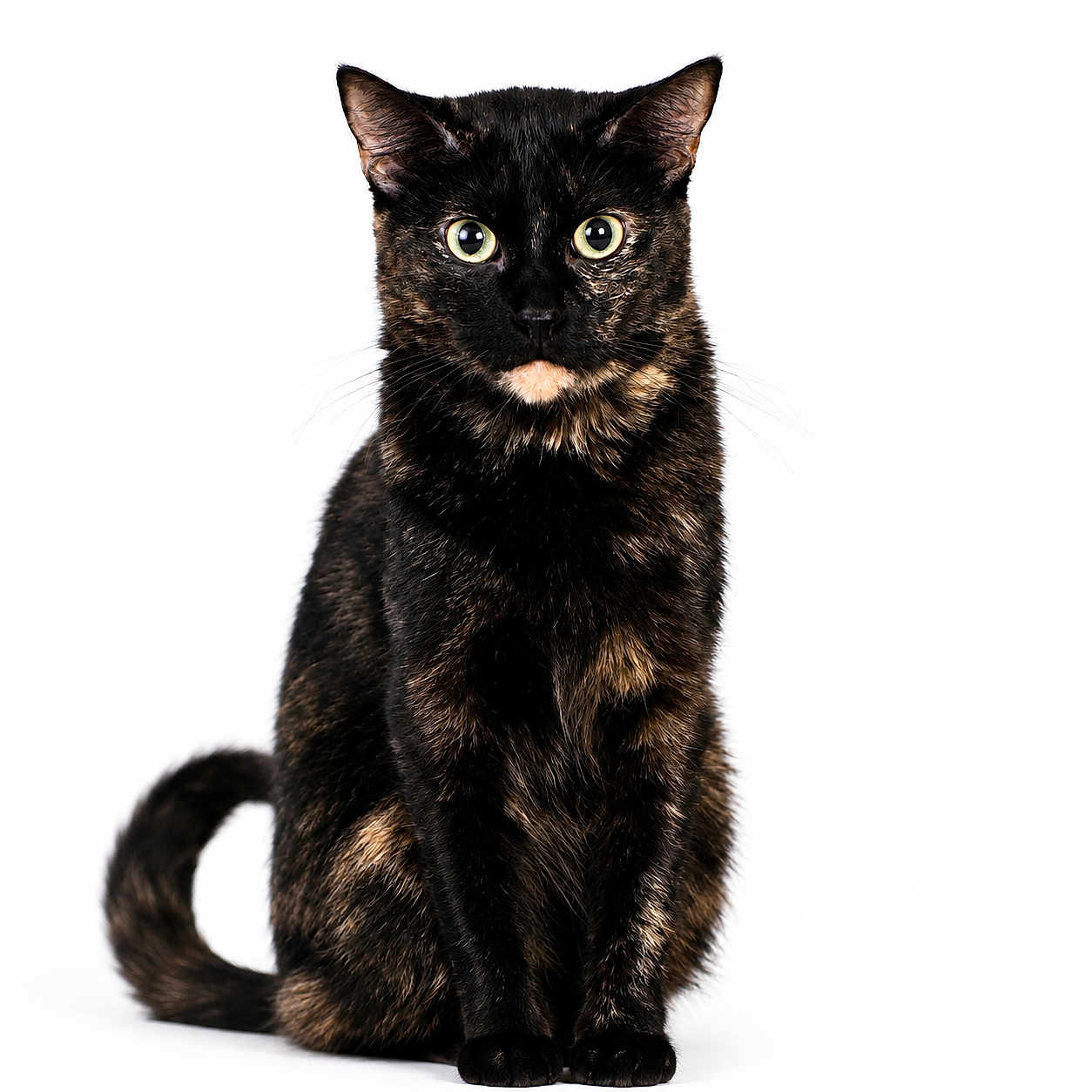 Loki joined the competition — help win amazing prizes! cat, tortoiseshell, pet, animal, fur, whiskers, ears, tail, sitting, portrait, closeup, studio, white_background, curious, alert, domestic_cat, feline, mammal, cute, indoor