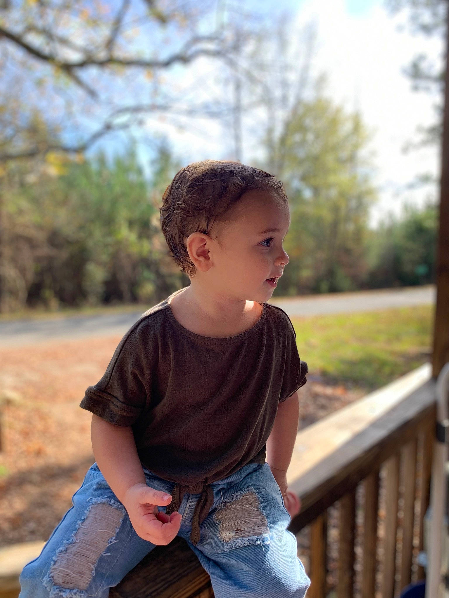 Brooklinn joined the competition — help win amazing prizes! child, fun, grass, happy, leisure, mammal, people, people_in_nature, person, plant, sitting, sky, smile, standing, sunlight, toddler, tree, trunk, waist, wood