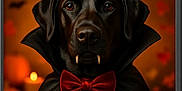 Tyson is registered to the contest to win money with this photo: dog, black_dog, vampire_costume, bow_tie, fangs, halloween, portrait, candle, autumn, orange_background, bats, costume, pet, animal, cute, indoors, soft_lighting, close_up, black_fur, decor