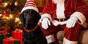 Tyson is registered to the contest to win money with this photo: beard, black_labrador, christmas_presents, christmas_tree, couch, decorations, dog, festive, glowing_lights, happy, hat, holiday, indoor, red_and_white, red_suit, santa_claus, smiling, warm_lighting, white_gloves, wooden_floor