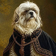 Molly joined the competition — help win amazing prizes! brown_and_white, cape, costume, dark_background, dog, fluffy, front_view, indoor, long_fur, ornate_clothing, painterly_style, pet, phone_screenshot, portrait, royal_pose, serious_expression, shih_tzu, sitting, small_dog, website_watermark