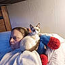 Finnley is registered to the contest to win money with this photo: person, cat, plush_toy, spiderman, bed, pillow, indoor, white_clothing, wall, furniture, pet, animal, resting, curious, looking, shoulder, home, casual, relaxed, light