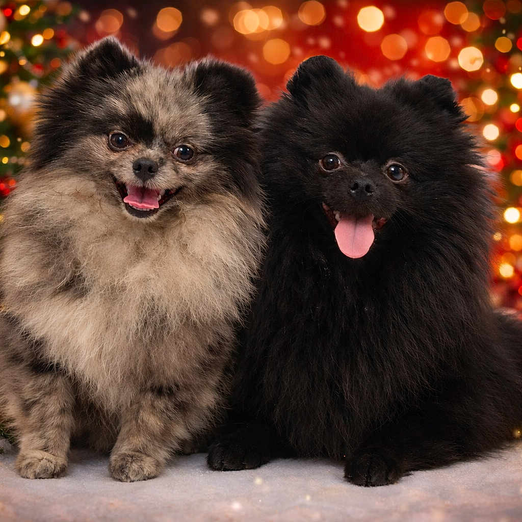 Undigo Et Apy a rejoint le concours — aidez-le/la à gagner de superbes lots ! animal, celebration, christmas_tree, cute, decorations, dog, festive, fluffy, gifts, holiday, lights, ornaments, pets, pomeranian, portrait, smiling, snow, together, tongue_out, winter