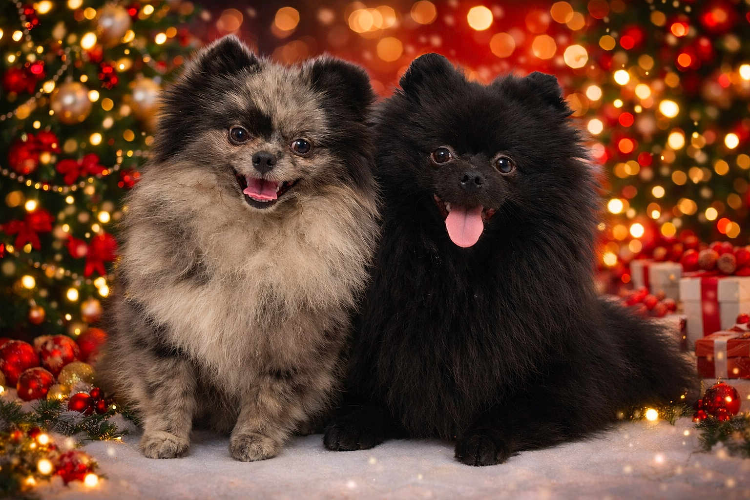 Undigo Et Apy a rejoint le concours — aidez-le/la à gagner de superbes lots ! dog, pomeranian, fluffy, smiling, tongue_out, christmas_tree, ornaments, lights, gifts, holiday, festive, decorations, celebration, cute, pets, animal, winter, snow, together, portrait