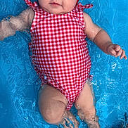 Amelia joined the competition — help win amazing prizes! baby, child, swimming_pool, water, red_headband, red_swimsuit, floating, infant, summer, outdoor, cute, relaxed, splash, skin, legs, arms, face, head, gingham_pattern, blue_water