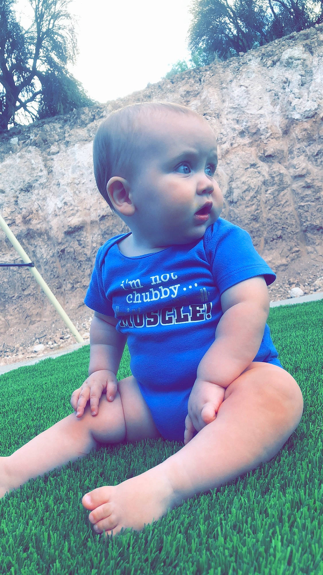 Nixon is registered to the contest to win money with this photo: baby, blue, child, fun, grass, green, leg, person, plant, play, sitting, skin, smile, summer, toddler, tree, vacation