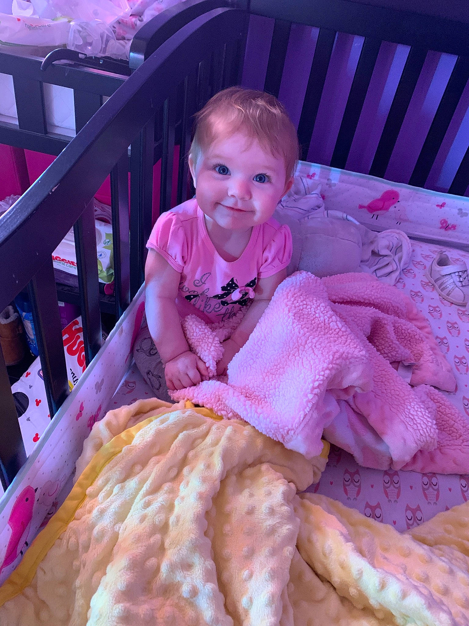 Freya is registered to the contest to win money with this photo: bed, child, food, furniture, person, pink, toddler