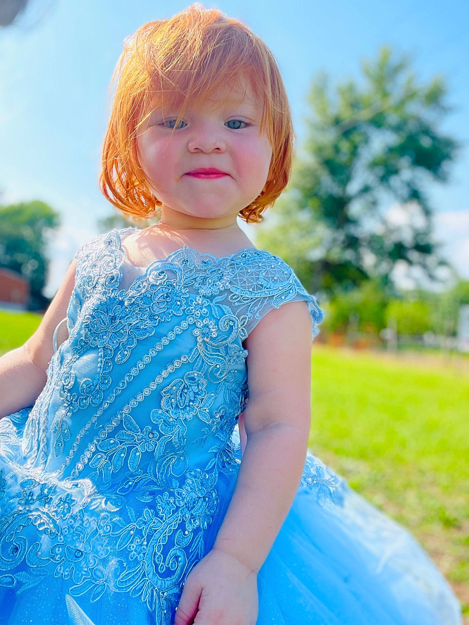 Elizabeth joined the competition — help win amazing prizes! azure, baby_toddler_clothing, blue, bridal_party_dress, day_dress, dress, eye, face, fun, grass, hair, happy, iris, one_piece_garment, people_in_nature, person, shoulder, skin, sky, smile