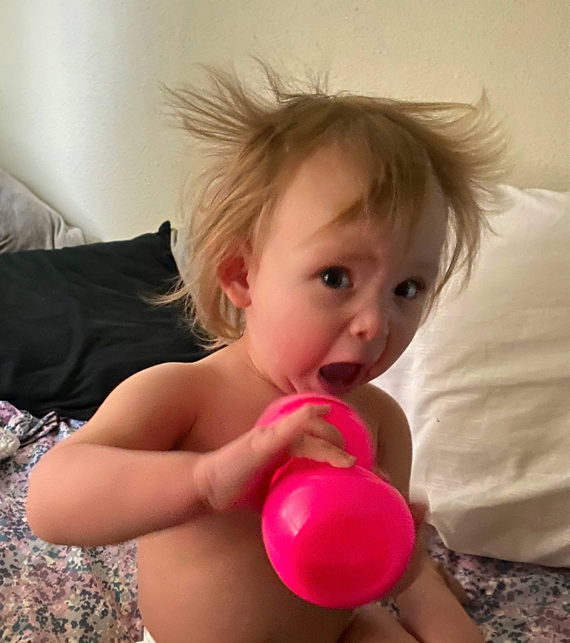 Talia is registered to the contest to win money with this photo: arm, balloon, blond, chest, child, comfort, eye, fun, hand, happy, head, human_body, human_leg, lip, magenta, nose, people, person, surprise, thigh