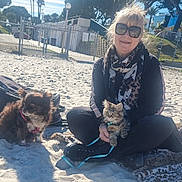 Mila participe au concours pour gagner de l'argent avec cette photo : adult, backpack, beach, cat, dog, fence, kitten, leash, outdoor, portrait, sand, scarf, sitting, small_dog, smile, sunglasses, sunny, trees, vacation, woman