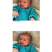 Maximilien a rejoint le concours — aidez-le/la à gagner de superbes lots ! baby, infant, blue_sweater, knitted_clothing, floral_pattern, cushion, cute, expression, portrait, child, newborn, hand, face, lying_down, fabric, indoor, person, smile, closeup, skin