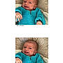 baby, infant, blue_sweater, knitted_clothing, floral_pattern, cushion, cute, expression, portrait, child, newborn, hand, face, lying_down, fabric, indoor, person, smile, closeup, skin