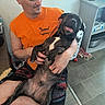 black_dog, casual_clothing, companion, dog, floor, furniture, happy, holding, home, human, indoor, man, orange_shirt, pet, relaxed, sitting, smile, tile, tongue_out, white_patch