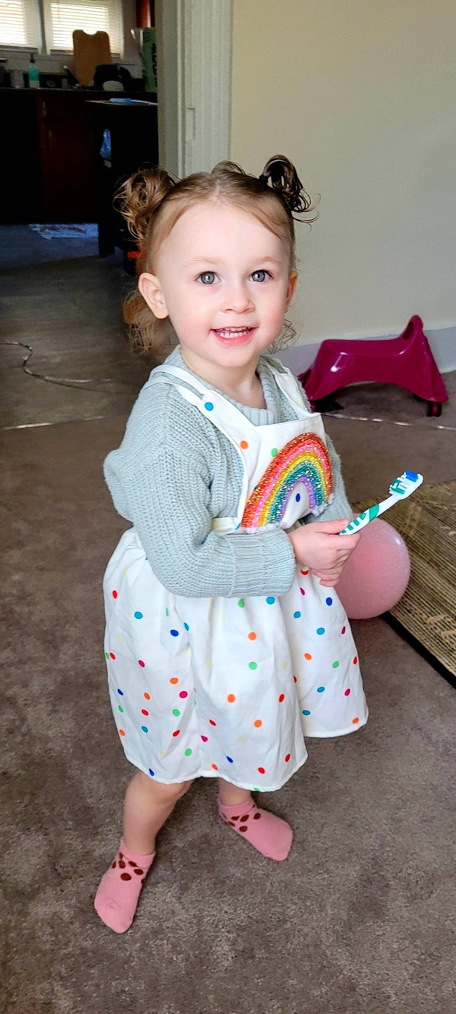 Juliet is registered to the contest to win money with this photo: baby_toddler_clothing, cheek, child, dress, eye, face, facial_expression, flash_photography, hairstyle, happy, head, iris, joy, organ, person, pink, skin, sleeve, smile, toddler