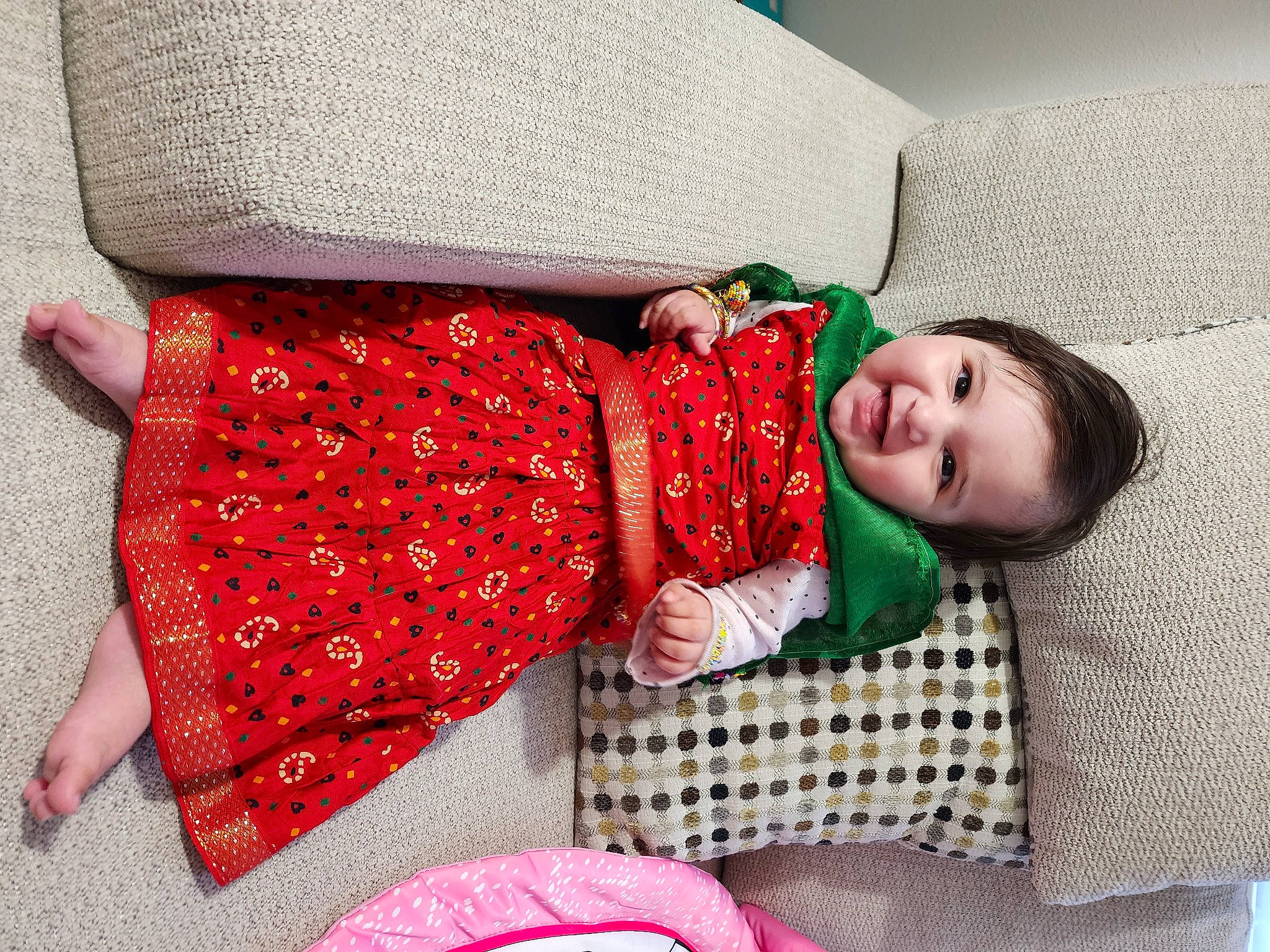 Mahnoor joined the competition — help win amazing prizes! baby, baby_toddler_clothing, bedding, child, comfort, flooring, happy, human_leg, joy, leg, linens, magenta, pattern, person, pink, room, sitting, sleeve, smile, sock