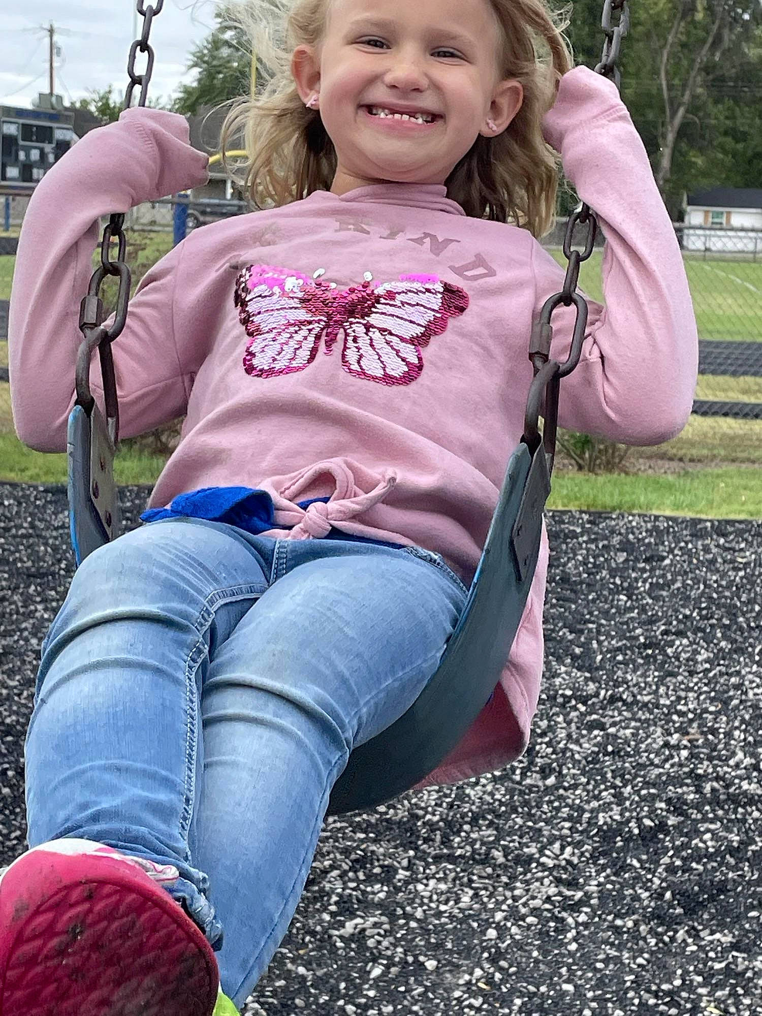 Skylynn joined the competition — help win amazing prizes! beauty, clothing, cool, denim, electric_blue, grass, happy, joy, leg, leisure, magenta, people, people_in_nature, person, pink, plant, purple, sleeve, smile, t_shirt
