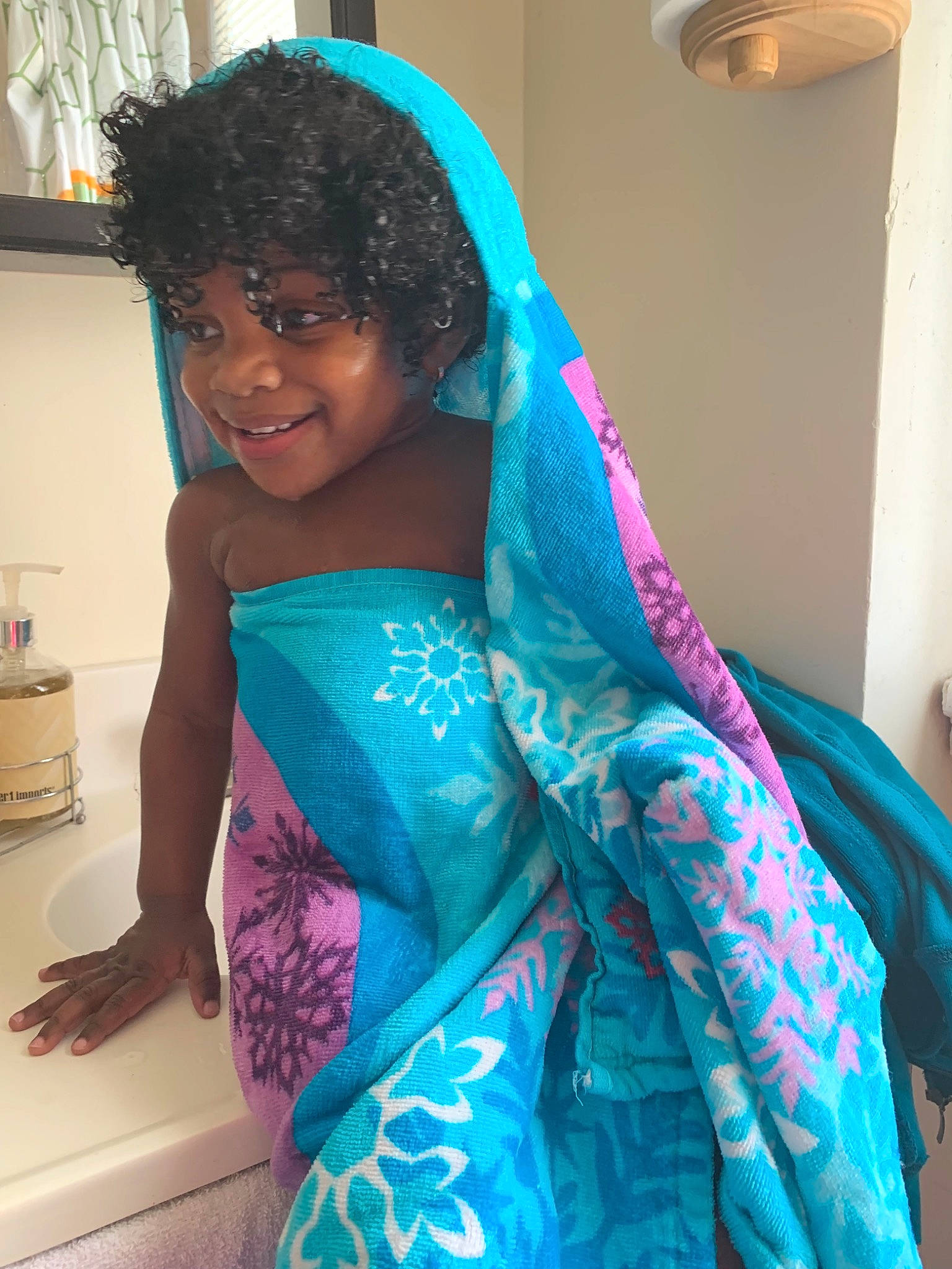 Jurnee joined the competition — help win amazing prizes! aqua, black_hair, blue, child, hair, hairstyle, joy, linens, long_hair, magenta, person, pink, sari, smile, teal, textile, toddler, turquoise, vacation