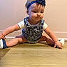 baby, child, infant, blue_headband, romper, shoes, wooden_floor, indoor, cute, child_playing, floor, person, sitting, stretching, young_child, headband, footwear, baby_clothes, baby_pose, expression