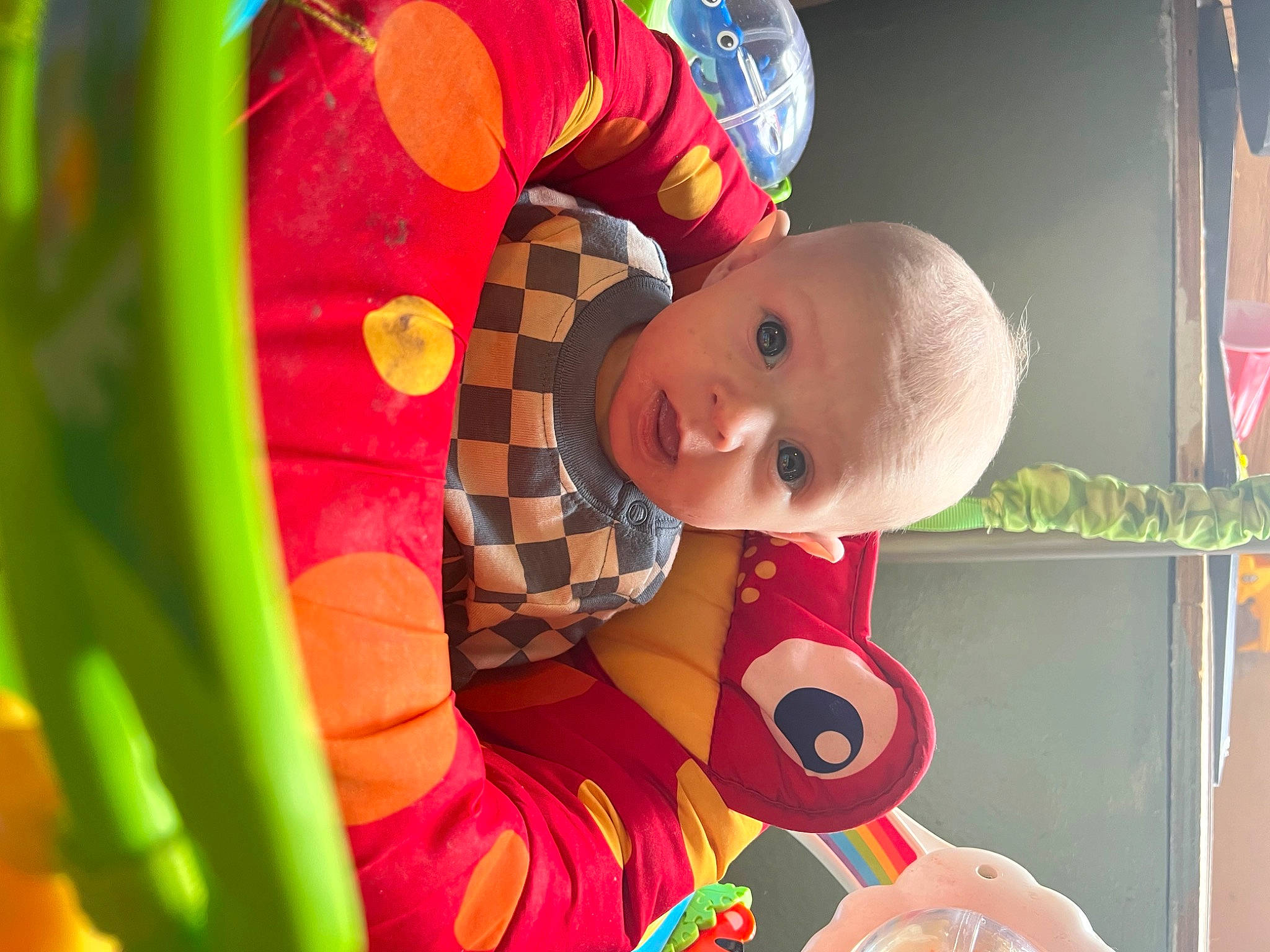 Paxton joined the competition — help win amazing prizes! baby, baby_products, baby_toys, carmine, child, event, fictional_character, fun, happy, leisure, magenta, pattern, person, play, recreation, room, stuffed_toy, surprise, toddler, toy