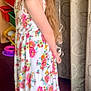 Graci joined the competition — help win amazing prizes! bins, carpet, casual_clothing, child, colorful, curtain, floral_dress, girl, home, indoor, light, long_hair, looking_away, person, playroom, portrait, side_view, standing, toys, young